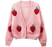 LLECDASEUI Women's Strawberry Print Button Down Long Sleeve V Neck Crop Cardigan Sweater (Pink,M)