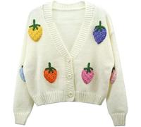 LLECDASEUI Women's Strawberry Print Button Down Long Sleeve V Neck Crop Cardigan Sweater (White,M)