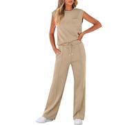 LLECDASEUI Women's Summer 2 Piece Outfits Casual Sleeveless Sweatsuits Matching Wide Leg Tracksuits Lounge Sets Fashion Clothes (L,Khaki)