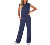 LLECDASEUI Women's Summer 2 Piece Outfits Casual Sleeveless Sweatsuits Matching Wide Leg Tracksuits Lounge Sets Fashion Clothes (L,Navy Blue)