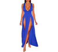 LLECDASEUI Women's Summer 2024 Sexy Double High Slit Deep V Neck Plus Size Sundresses Thigh Split Maxi Club Party Dresses (Blue,S)