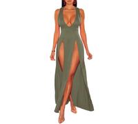 LLECDASEUI Women's Summer 2024 Sexy Double High Slit Deep V Neck Plus Size Sundresses Thigh Split Maxi Club Party Dresses (Green,M)