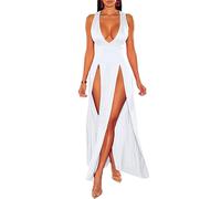 LLECDASEUI Women's Summer 2024 Sexy Double High Slit Deep V Neck Plus Size Sundresses Thigh Split Maxi Club Party Dresses (White,XL)