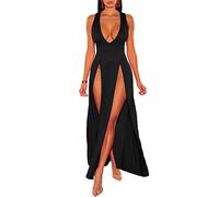 LLECDASEUI Women's Summer 2024 Sexy Double High Slit Deep V Neck Plus Size Sundresses Thigh Split Maxi Club Party Dresses (Black,XL)
