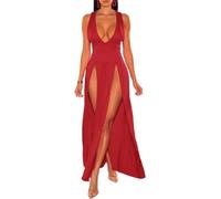 LLECDASEUI Women's Summer 2024 Sexy Double High Slit Deep V Neck Plus Size Sundresses Thigh Split Maxi Club Party Dresses (Red,L)