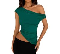 LLECDASEUI Womens Summer Asymmetrical Off The Shoulder Tank Top Sexy Y2K Sleeveless Ruched Fitted Tops (S,Green)