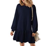 LLECDASEUI Womens Sweatshirt Mini Dress - Long Sleeve Crew Neck Patchwork A-line Dress Casual Loose Pullover Dresses (XL,Navy Blue)