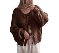LLECDASEUI Womens Tie Front Cardigan Sweaters Cute Bow Puff Long Sleeve 2024 Fall Loose Ribbed Knit Trendy Sweater Tops (Brown,S)