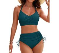 LLECDASEUI Womens Twist Front High Waisted Bikini Sets Crisscross Tie Back Bathing Suit Drawstring Tummy Control Swimsuits (XL,Blue Green)