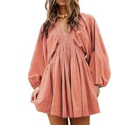 LLECDASEUI Womens V Neck Long Puff Sleeve Mini Dress Casual Loose Swing Babydoll Dresses Beach A Line Dress with Pockets (M,Pink)