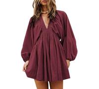 LLECDASEUI Womens V Neck Long Puff Sleeve Mini Dress Casual Loose Swing Babydoll Dresses Beach A Line Dress with Pockets (M,Red)