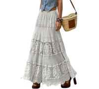 LLECDASEUI Women's Western Floral Lace Crochet Knit Maxi Boho Skirts A-Line Eyelet Hippie Flowy See-Through Long Skirt (White,One Size)