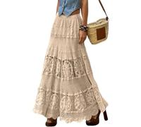 LLECDASEUI Women's Western Floral Lace Crochet Knit Maxi Boho Skirts A-Line Eyelet Hippie Flowy See-Through Long Skirt (Khaki,One Size)