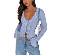 LLECDASEUI Womens Y2k Button Down Shirt Blouse Top Retro Solid Color Flare Long Sleeve Crop Top Slim Fit Club Party Streetwear (M,Light Blue)