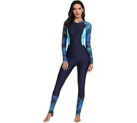 LLECDASEUI Women's Zip Front One Piece Full Body Swimsuit Long Sleeve Long Pants Rash Guard with Built in Bra Bathing Suit (M,Navy Blue Cyan)