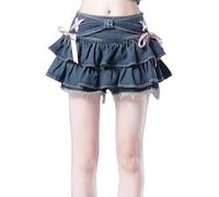 LLECDASEUI Y2K Women Bow Tie Ruffle Hem Blue Jean Pleated Sexy Mini Skirt High Waist A Line Kawaii Cake Skirts (Blue,M)