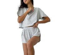 LLELEMAMO Split Short Pajama Set, Womens Pajamas Set Shorts Side Split, Two Piece Set Womens Striped Print Drop Shoulder Tee (Gray,M)