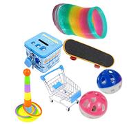 LLHCF 7 Pieces Bird Parrot Toy Set Including Skateboard Stacking Toy Metal Trolley Coin Jar Toy Spring Coil Toy