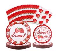 LLHQAMT Strawberry Party Plates, 120 Pcs Party Plates Set, Delicate and Lovely, Suitable for Party, Baby's Birthday Use, Birthday Party Supplies for 30 Guests (Red Strawberry)