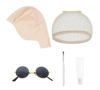 llikknve 5PCS Latex Bald Cap for Adults, Wig Cap with Stretch Mesh & Sunglasses,Cosplay Accessory for Costume Party, Halloween Makeup, Fancy Dress, Theatre, Unisex Celebrity Look
