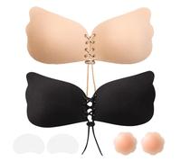 LLIMRNT Winged Push Up Sticky Bra for Women, 2 Pack Invisible Adhesive Strapless Backless Bra with Drawstring Lift, Skin-Friendly Silicone Cups, Reusabl- Party, Wedding, Everyday