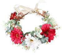 LLinfflr Women Flower Crown Bridal Flower Headband Hair Wreath Floral Headpiece Halo Boho with Ribbon Party Prom Wedding Photos Red and White
