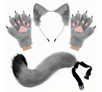 Lljsszr Ear Headband Paw Shaggy Tail Costume Set With Pointed Claw Details Adjustable Tail Suitable for Dress Up Parties Events, Gray