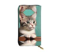 LLKGOT A curious cat Pattern Women's leather long handheld wallet large capacity credit card zipper bag