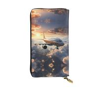 LLKGOT Airplanes are soaring Pattern Women's leather long handheld wallet large capacity credit card zipper bag