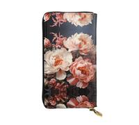 LLKGOT Bright white peonies Pattern Women's leather long handheld wallet large capacity credit card zipper bag