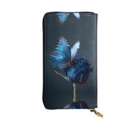 LLKGOT Butterfly on a blue rose Pattern Women's leather long handheld wallet large capacity credit card zipper bag