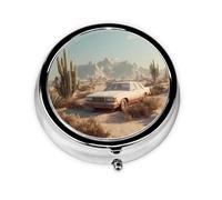 LLKGOT Car in The Desert Picture Round Mini Pill Box with 3 compartments for Pill Storage and Portable Travel