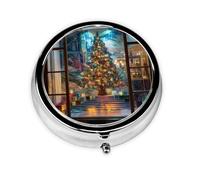 LLKGOT Christmas Tree in Glass Window Picture Round Mini Pill Box with 3 compartments for Pill Storage and Portable Travel