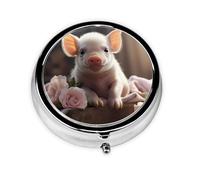 LLKGOT Cute Young Pig Picture Round Mini Pill Box with 3 compartments for Pill Storage and Portable Travel