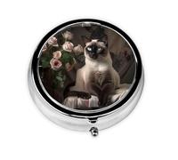 LLKGOT Elegant Siamese Cat Picture Round Mini Pill Box with 3 compartments for Pill Storage and Portable Travel