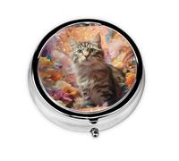 LLKGOT Energetic cat Picture Round Mini Pill Box with 3 compartments for Pill Storage and Portable Travel