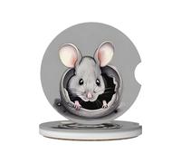 LLKGOT Grey Rat Pattern Car Coasters 2 Absorbent Ceramic Anti Slip Beverage Pads, car Decorations