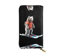 LLKGOT Grizzly Bear Skiing Pattern Women's leather long handheld wallet large capacity credit card zipper bag