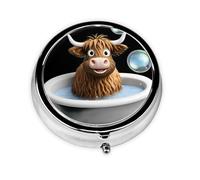 LLKGOT Highland Cow Baby Taking a Bath Picture Round Mini Pill Box with 3 compartments for Pill Storage and Portable Travel