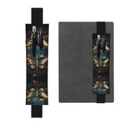 LLKGOT Leather Pen Holder Bookmark Gold color delicate Dragonfly flower Printing for Hardcover Journals, Diaries, Planners - Adjustable Strap Band Pouch