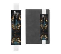 LLKGOT Leather Pen Holder Bookmark Gold color delicate Dragonfly flower Printing for Hardcover Journals, Diaries, Planners - Adjustable Strap Band Pouch