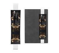 LLKGOT Leather Pen Holder Bookmark Gold Exquisite Dragonfly Printing for Hardcover Journals, Diaries, Planners - Adjustable Strap Band Pouch