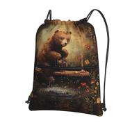 LLKGOT Little bear playing in the water Printing Drawstring Zipper Backpack Strong and lightweight for Hiking Camping