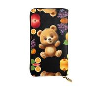 LLKGOT Little bear who loves eating fruit Pattern Women's leather long handheld wallet large capacity credit card zipper bag