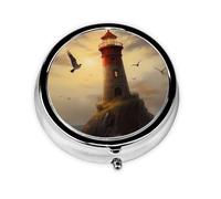 LLKGOT Little Sparrow Flying to The Lighthouse Picture Round Mini Pill Box with 3 compartments for Pill Storage and Portable Travel