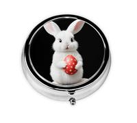 LLKGOT Little White Rabbit Holding Easter Egg Picture Round Mini Pill Box with 3 compartments for Pill Storage and Portable Travel