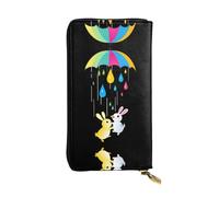 LLKGOT Little white rabbit under an umbrella Pattern Women's leather long handheld wallet large capacity credit card zipper bag