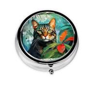 LLKGOT Oil-Painted cat Picture Round Mini Pill Box with 3 compartments for Pill Storage and Portable Travel
