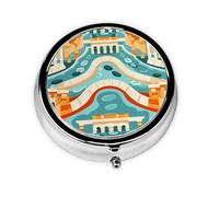 LLKGOT Old Street Buildings Picture Round Mini Pill Box with 3 compartments for Pill Storage and Portable Travel