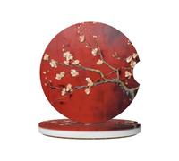 LLKGOT Open Apricot Blossoms Pattern Car Coasters 2 Absorbent Ceramic Anti Slip Beverage Pads, car Decorations